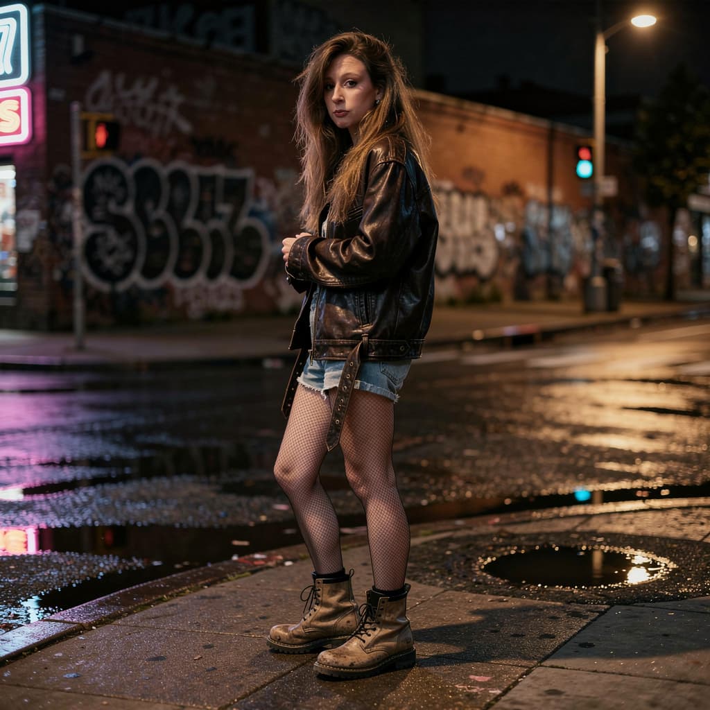 AI generated: A documentary-style photograph captures a woman waiting at a dimly lit street corner at night, the g...