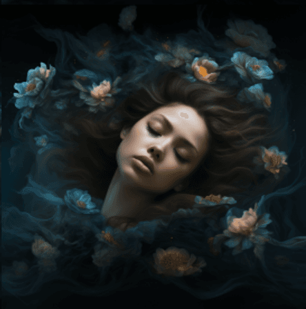 AI generated: A portrait of a woman floating in a dark void, eyes closed painterly style, masterpiece dark colors ...