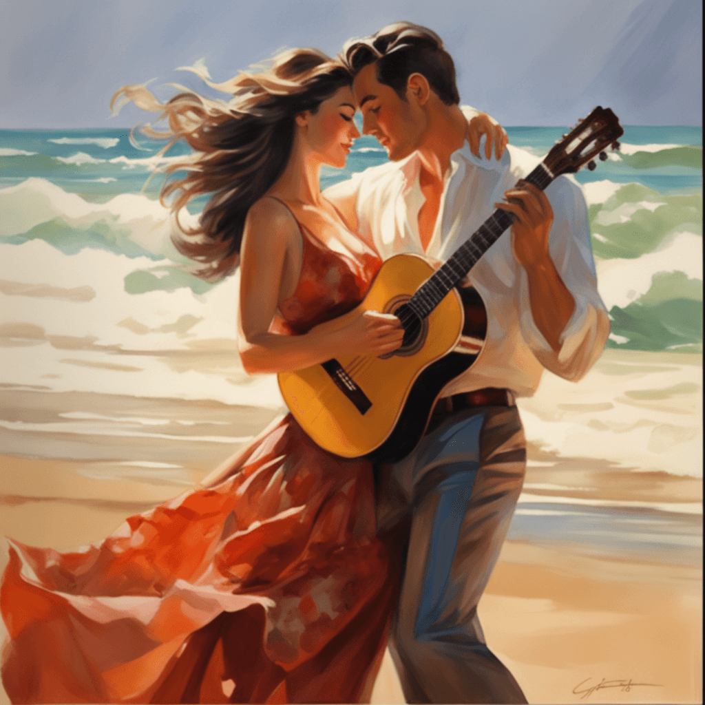 AI generated: painting of a man and woman playing guitar on the beach, vladimir volegov, volegov, in style of stev...