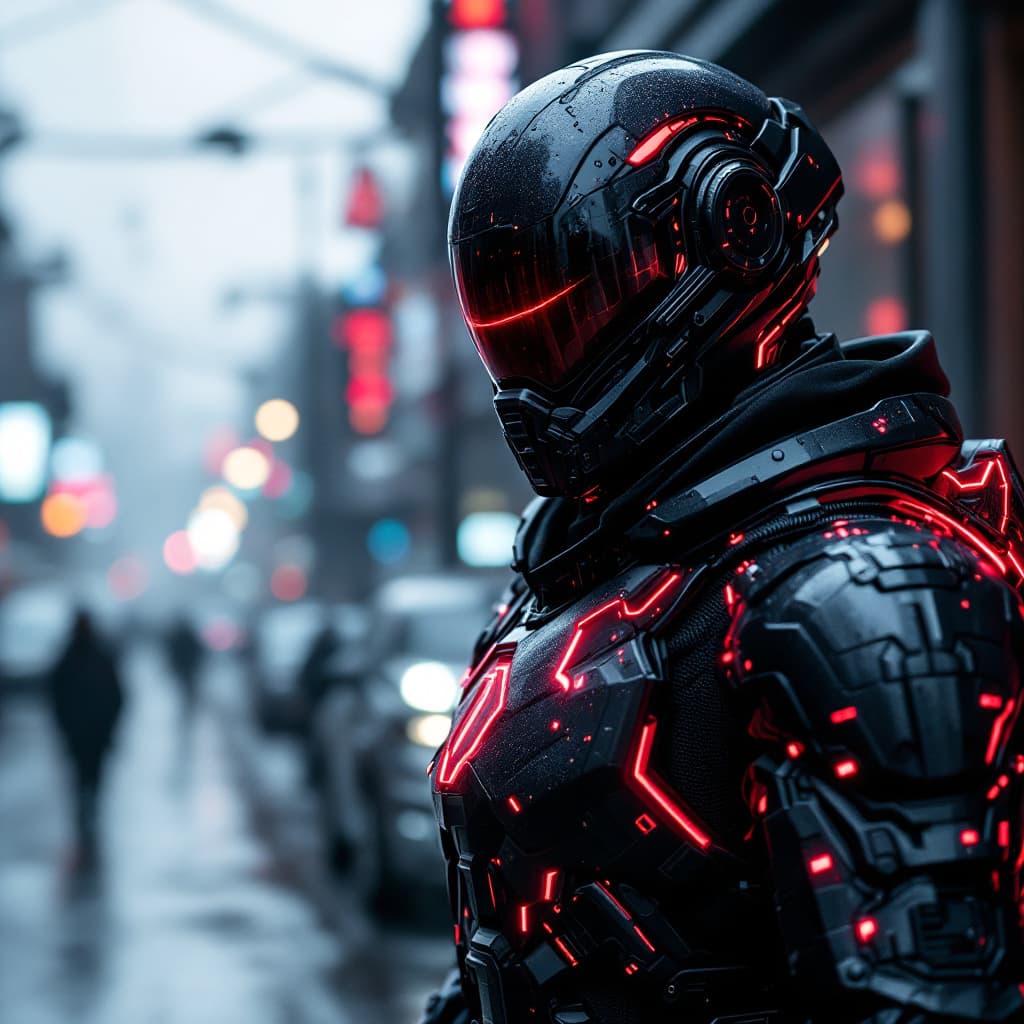 AI generated: Futuristic soldier with advanced armor, weaponry, and helmet, neon red, street, overcast, reflection...