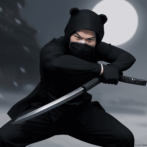 AI generated: ninja bear in black suit with katana in tample cartoon 
