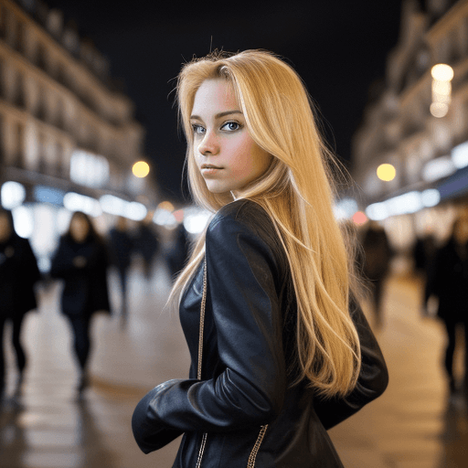 AI generated: beautiful girl with long blonde hair looking over her shoulder at viewer, walking down a busy Paris ...