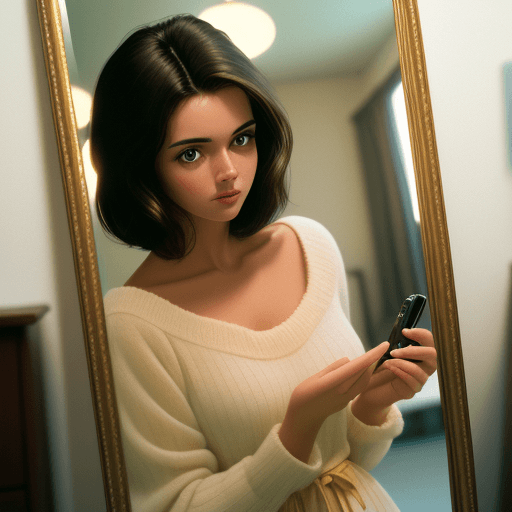 AI generated: Full angle shot, hyper-realistic photo, beautiful lady in , perfect yes, photo on iphone 14 in mirro...