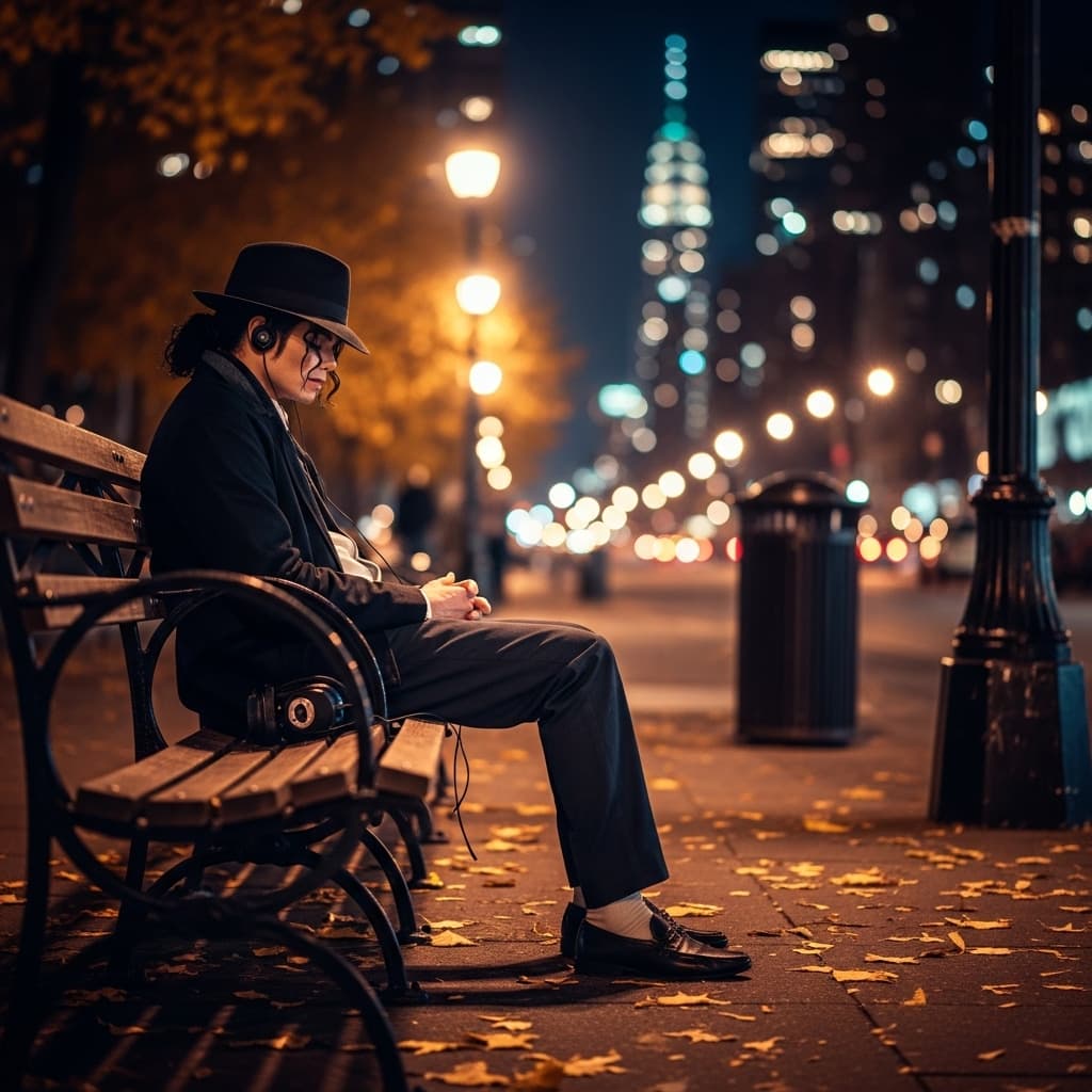 AI generated: a Michael Jackson lookalike sitting alone on a city bench in New York at night, wearing a fedora and...