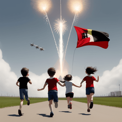 AI generated: kids running from rockets and planes, depicts the flag of Germany, France, United States of America,...