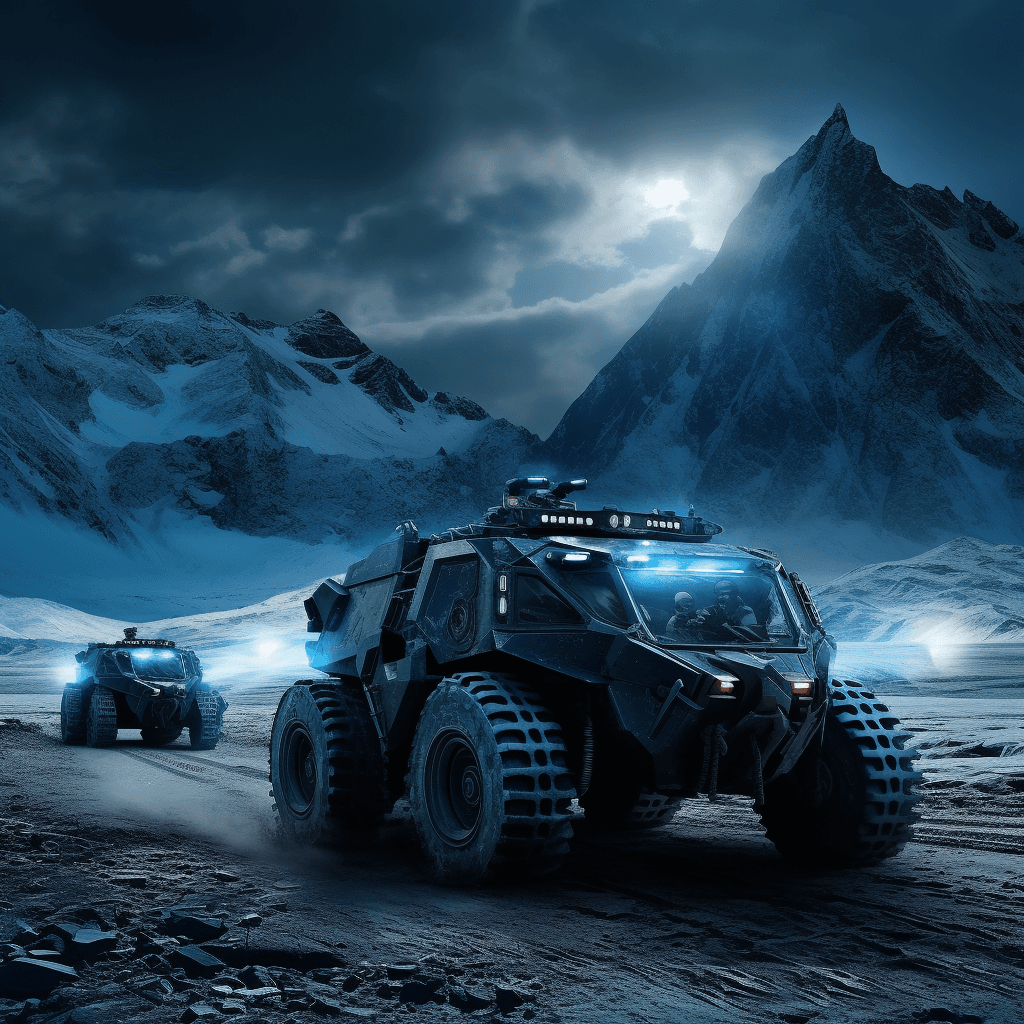 AI generated: light armored vehicle with cabin, rolling across a frozen plain on an alien planet, wide shot, close...