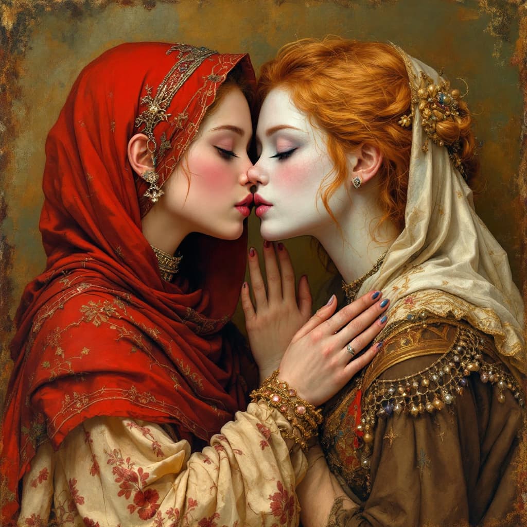 AI generated: An Arab girl kissing a red-headed girl with pale skin and a blonde girl