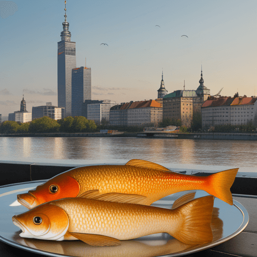 AI generated: a few crucian carps with human faces, shit piles on silver plates, Warsaw skyline in the background
...