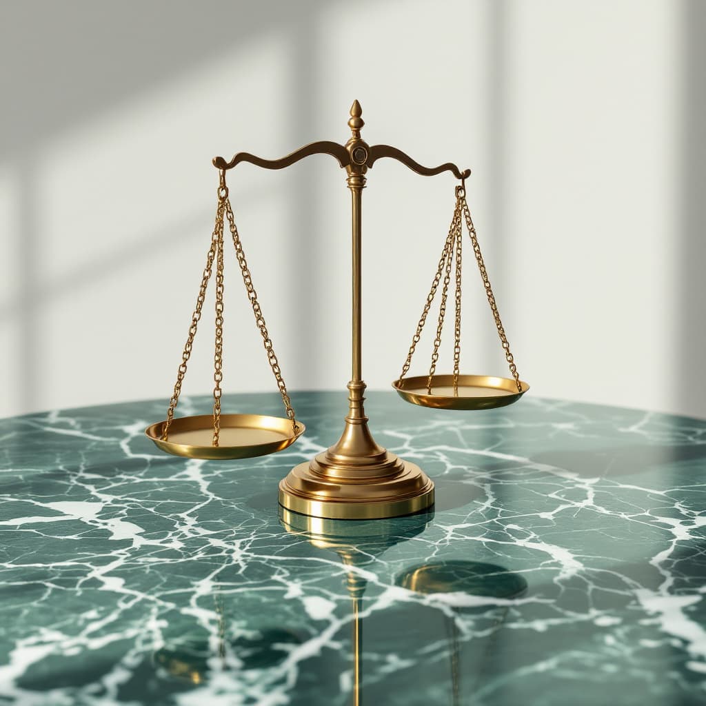 AI generated: Golfen scale of justice on a reflective green and white marble table 