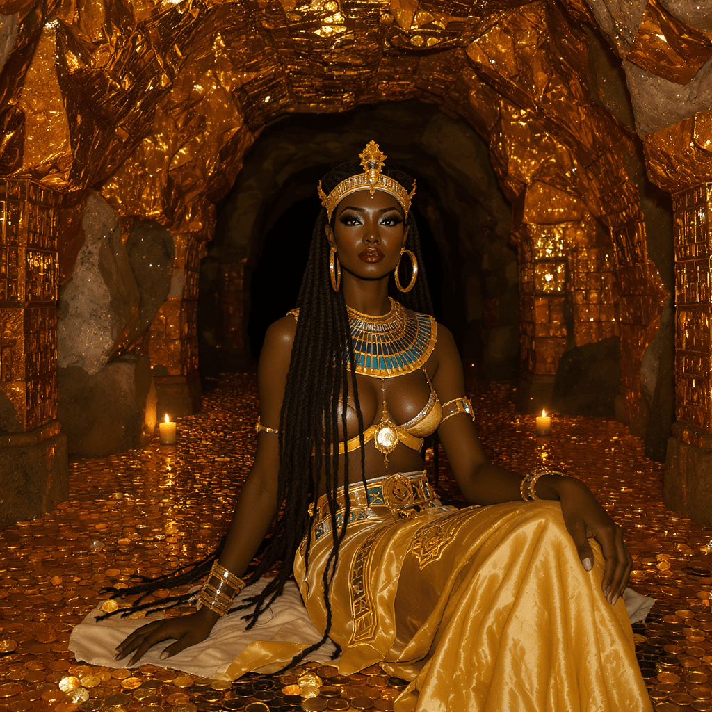 AI generated: A queen in an ancient underground castle, the castle is a cave with golden walls, the floor is made ...