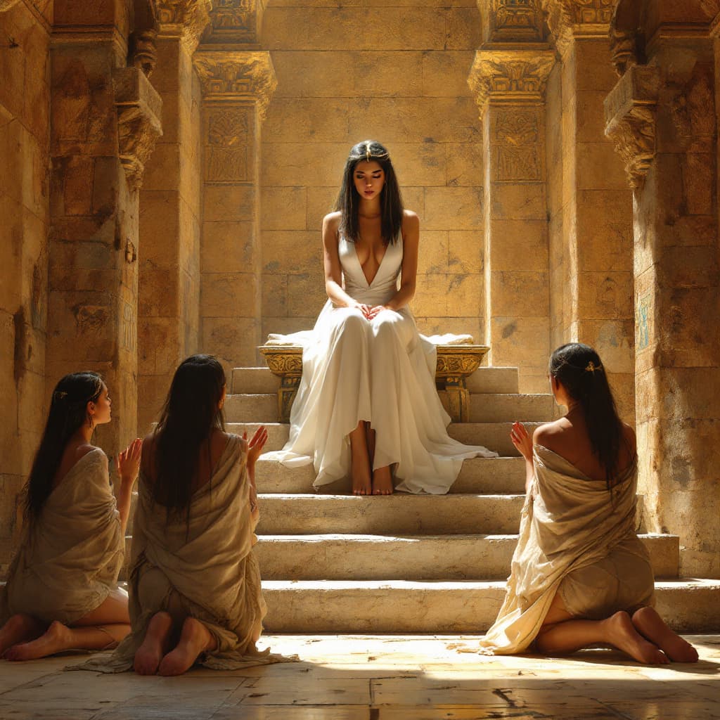 AI generated: Hyper realistic image of an egyptian queen sitting on a throne at the top of 4 stairs inside a pyram...