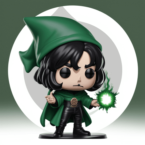 AI generated: funko pop, sorcerer, green clothes, white eyes, black hair
