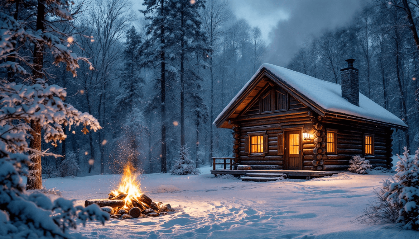 AI generated: Picture a cozy log cabin nestled deep in a tranquil winter forest, the snow blanketing the ground in...