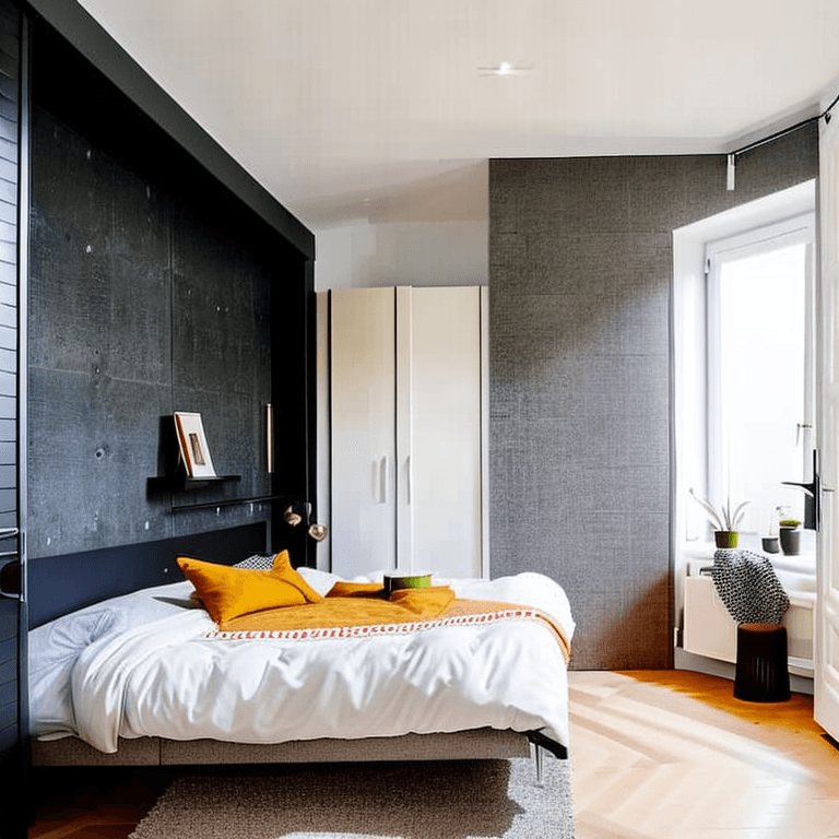 AI generated: Scandinavian bedroom interior design bedroom, 3x3m² space, double bed, workspace, wardrobe, and en-s...