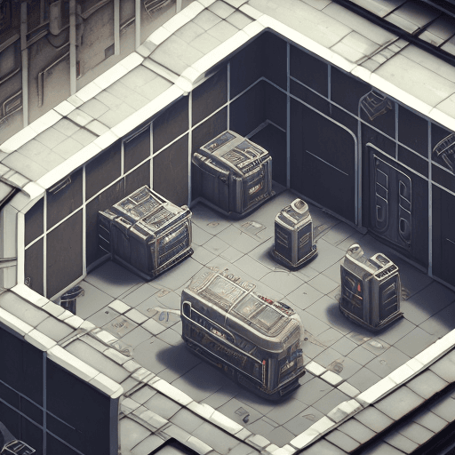 AI generated: top down isometric game asset of a gloomy corridor in a spaceship, flat shading art style, abandoned...