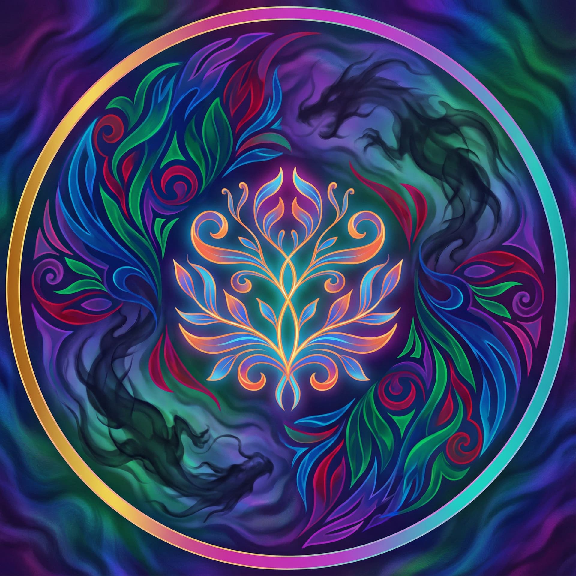 AI generated: Image is a vibrant digital artwork featuring an abstract, circular design with a kaleidoscope of col...