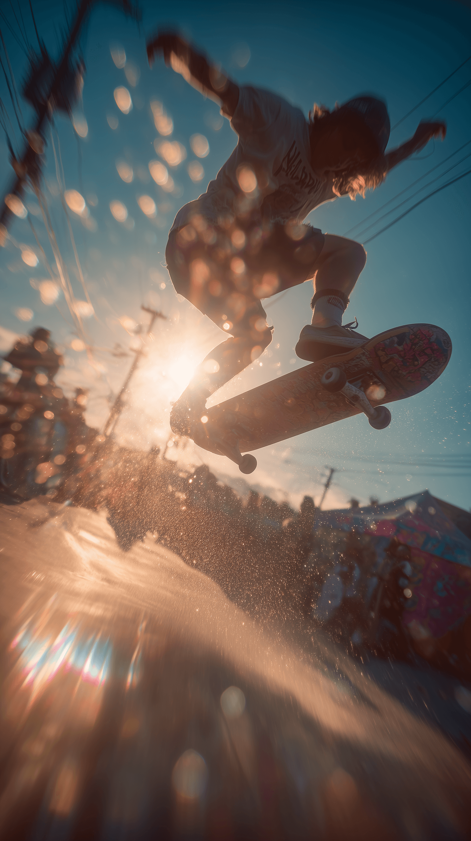 AI generated: high definition photography, skateboarder, dynamic motion, street at golden hour, authentic film gra...