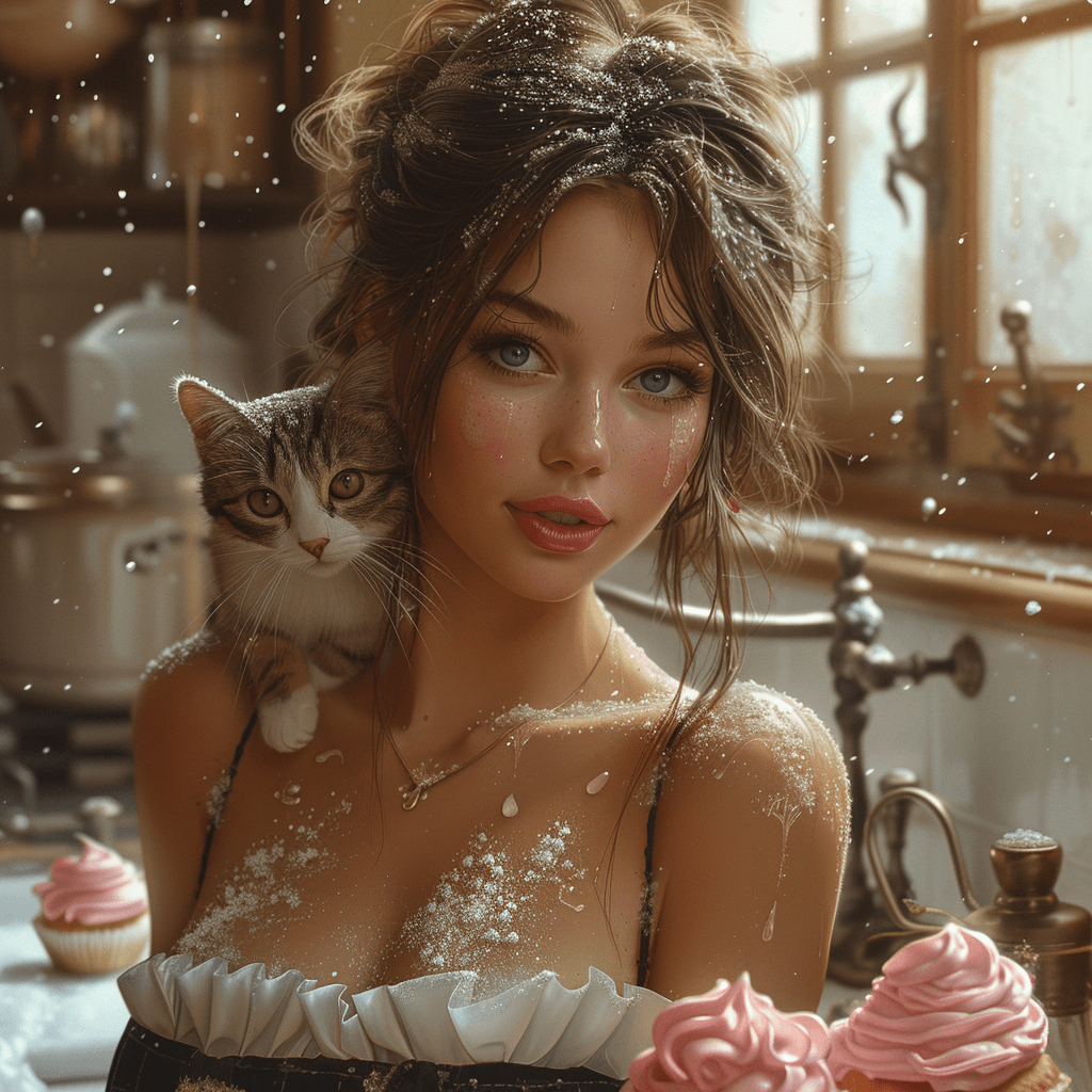 AI generated: dark blonde hair, cute cat, pink cupcake