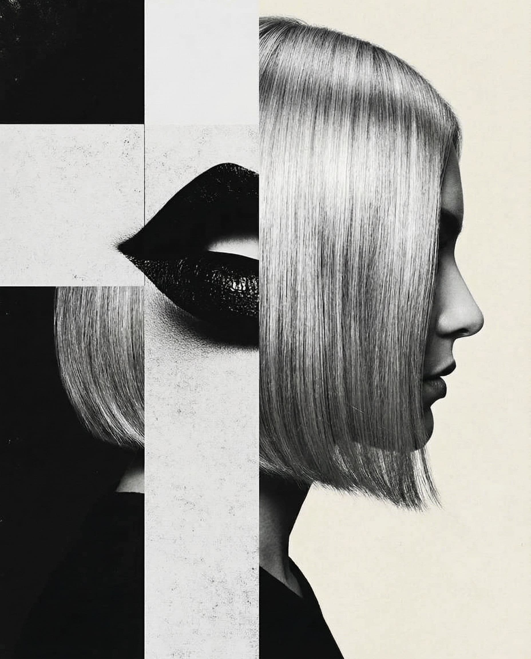 AI generated: hair photography, woman, bob cut hair, silver color, ivory hue background, studio lighting setup, re...