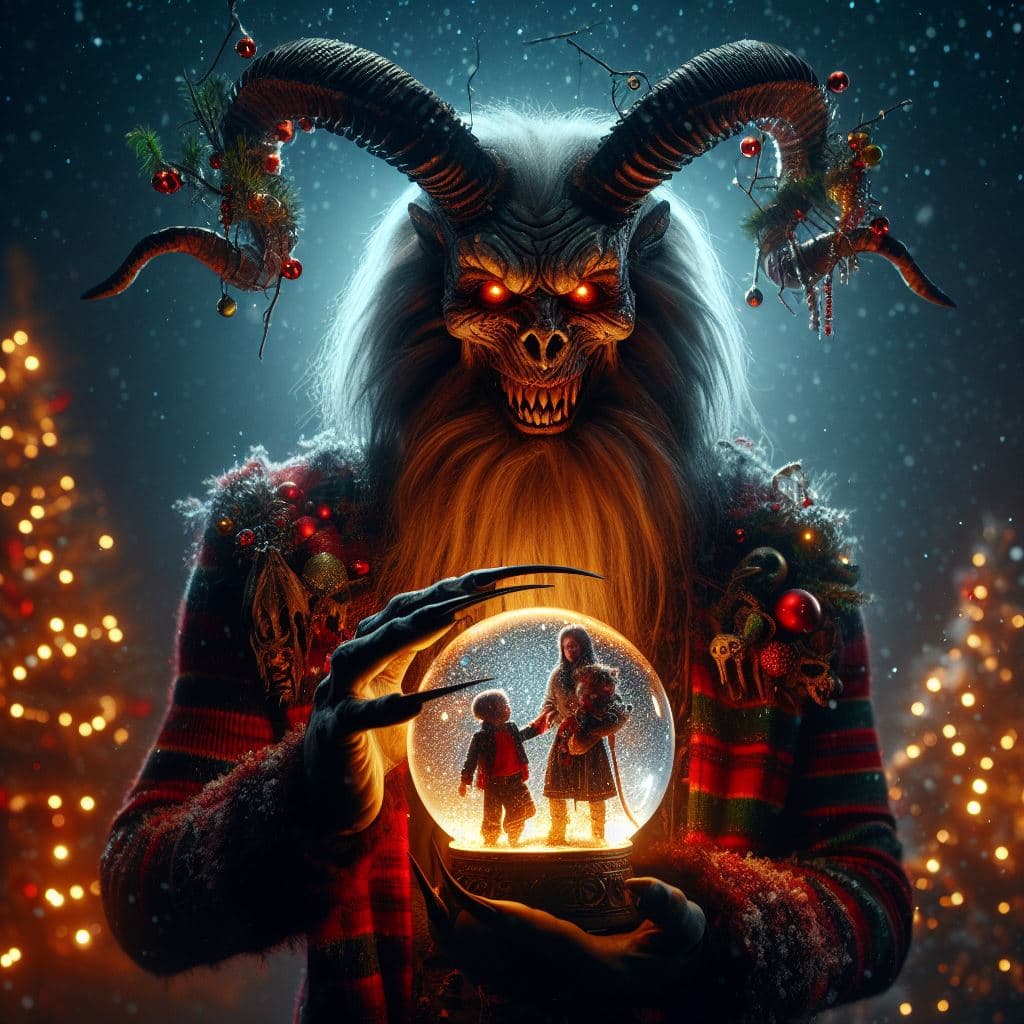 AI generated: Krampus holds a snow globe in his hand, in which a family with a Christmas tree can be seen, photore...