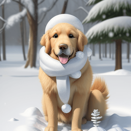 AI generated: Pixar cartoon style Golden retriever with snow on ground, snowballs on ground, snow on nose, eyes lo...