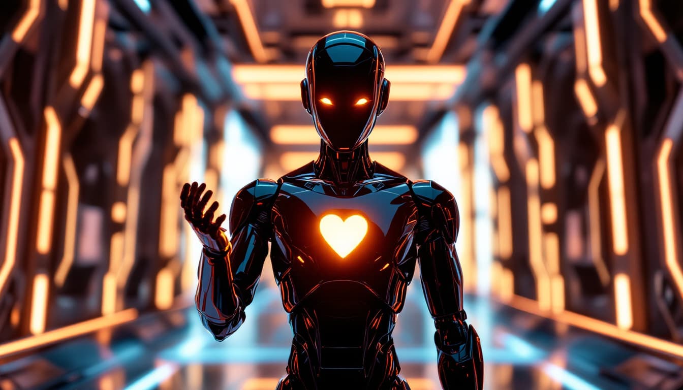 AI generated: A futuristic humanoid robot stands in a sleek, neon-lit environment, its glossy black surface glimme...
