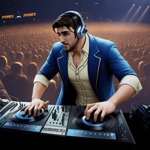 AI generated: Comic caracter Gaston La Gaffe as a Dj playing to a huge crowd