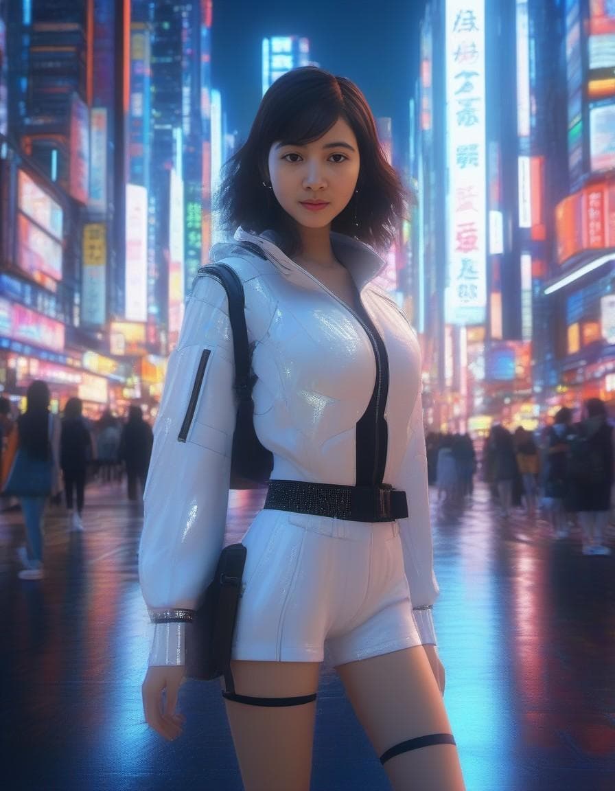 AI generated: stunning anime fashionpunk vixen walks raised walkway throug bright luminescent futuristic dot matri...