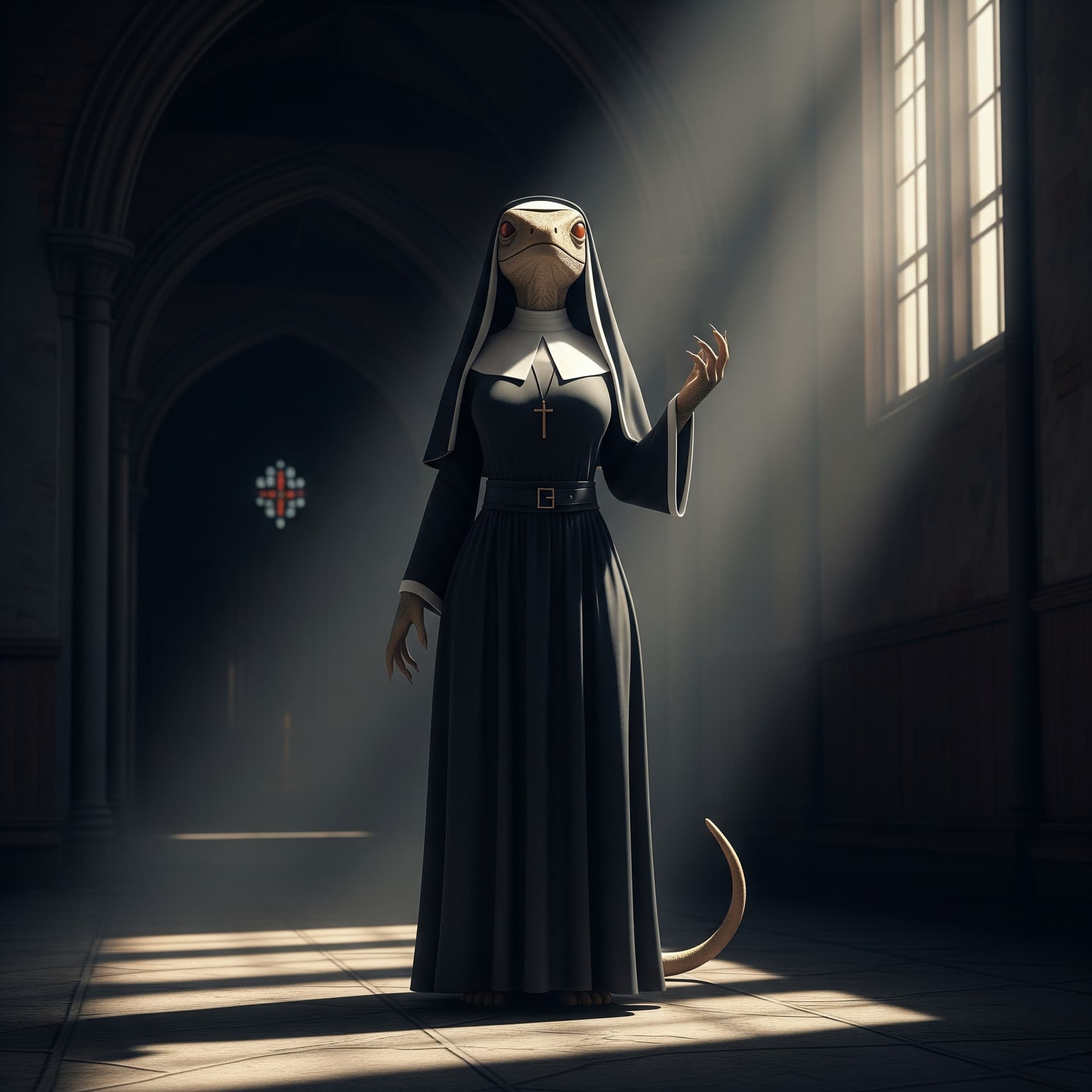 AI generated: Hyper realistic full body view of beautiful humanoid lizard nun, Lackschuhe, frontal view, ray of li...