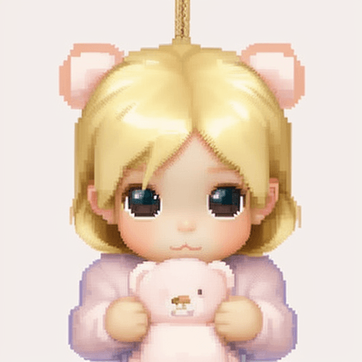 AI generated: "Create a pixel chibi-style illustration of an adorable baby girl with blonde hair, wearing a cute o...