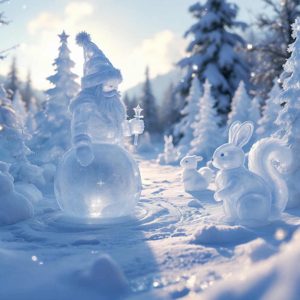AI generated: 3D render of photorealistic image of ice city, ice fairy sculptures of Santa, snowman, Christmas tre...