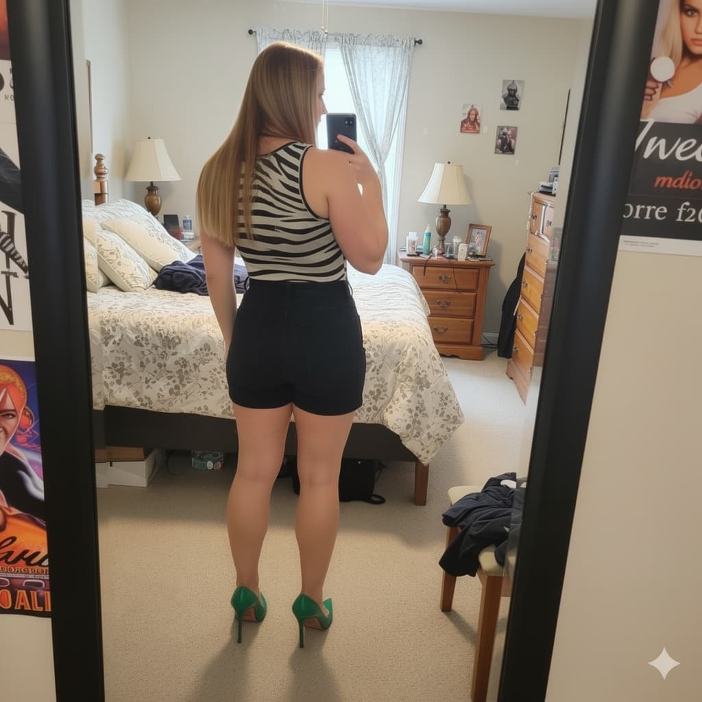 AI generated: Her turned around taking selfie showing off her round tight butt 