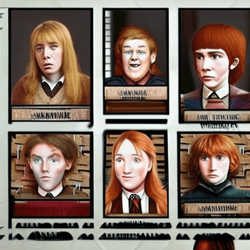 AI generated:  image about harry, hermione, ron weasley, dumbledore, hagrid, ginny weasley, fred weasley, george w...