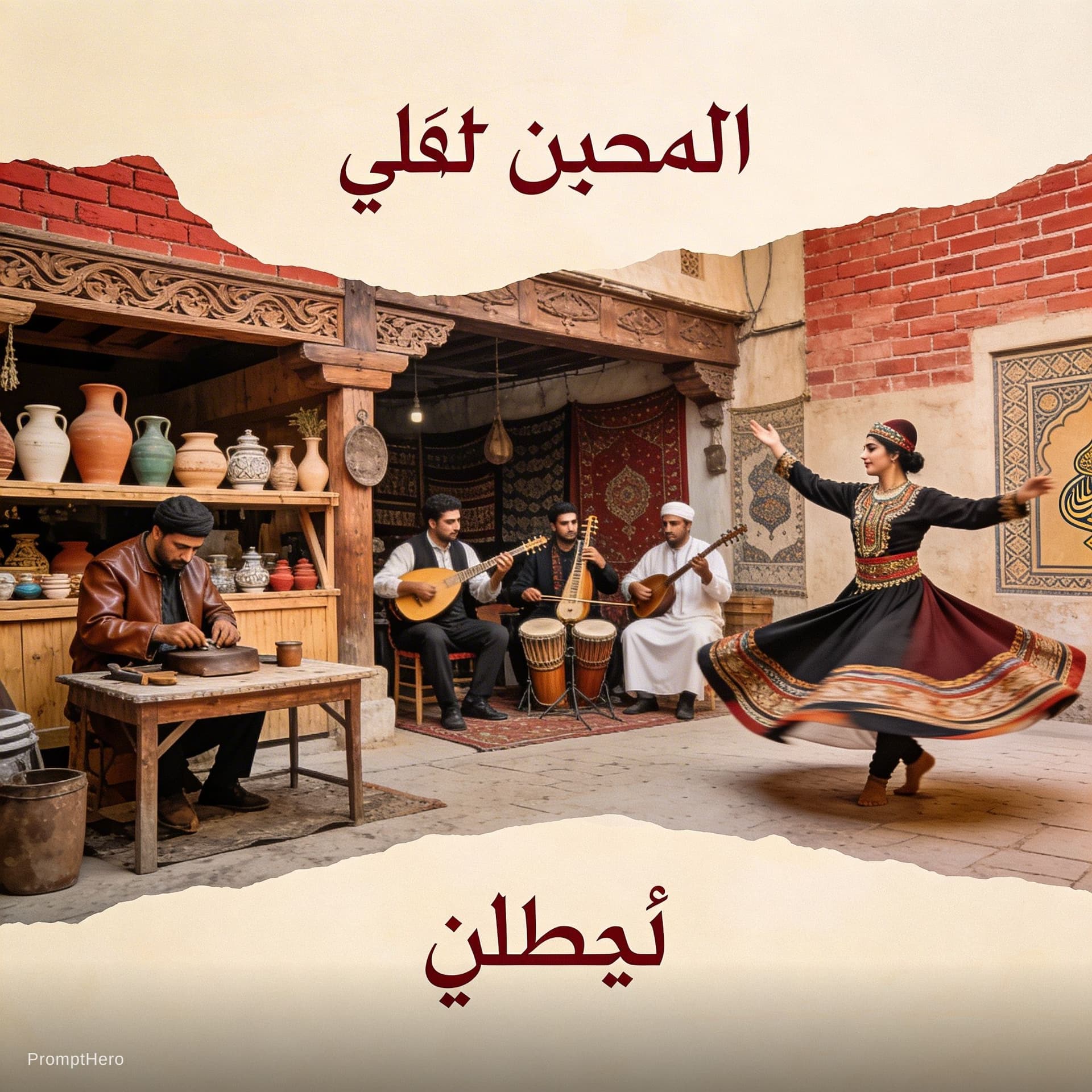 AI generated: Layered/ blended style A background that
Simple 

"Old market, pottery, woodwork, leather craftsman,...