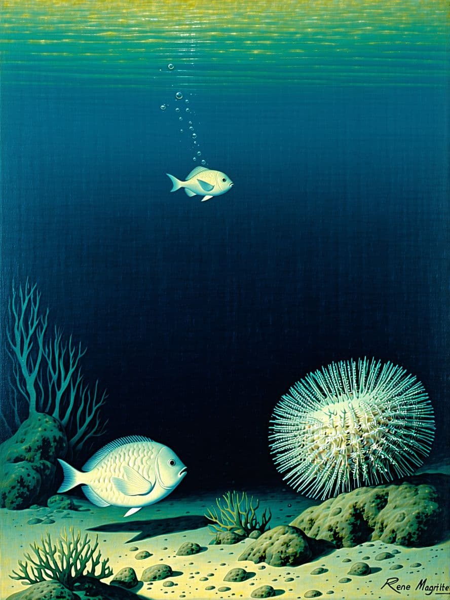 AI generated: in this painting by Rene Magritte a blowfish meets a sea urchin and the two move along the reef 