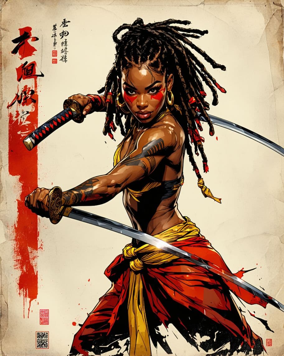 AI generated: 
Comic book cover illustration, full body shot of young beautiful African American woman, top model...