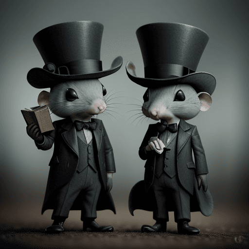 AI generated: cinematic film still award winning photo two cute grey mice, rust, epic, wearing black suites, top h...