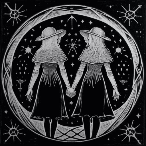 AI generated: two holding hands, jellyfish in nightsky, alchemical art, medieval woodcut art, esoteric, --ar 9:16