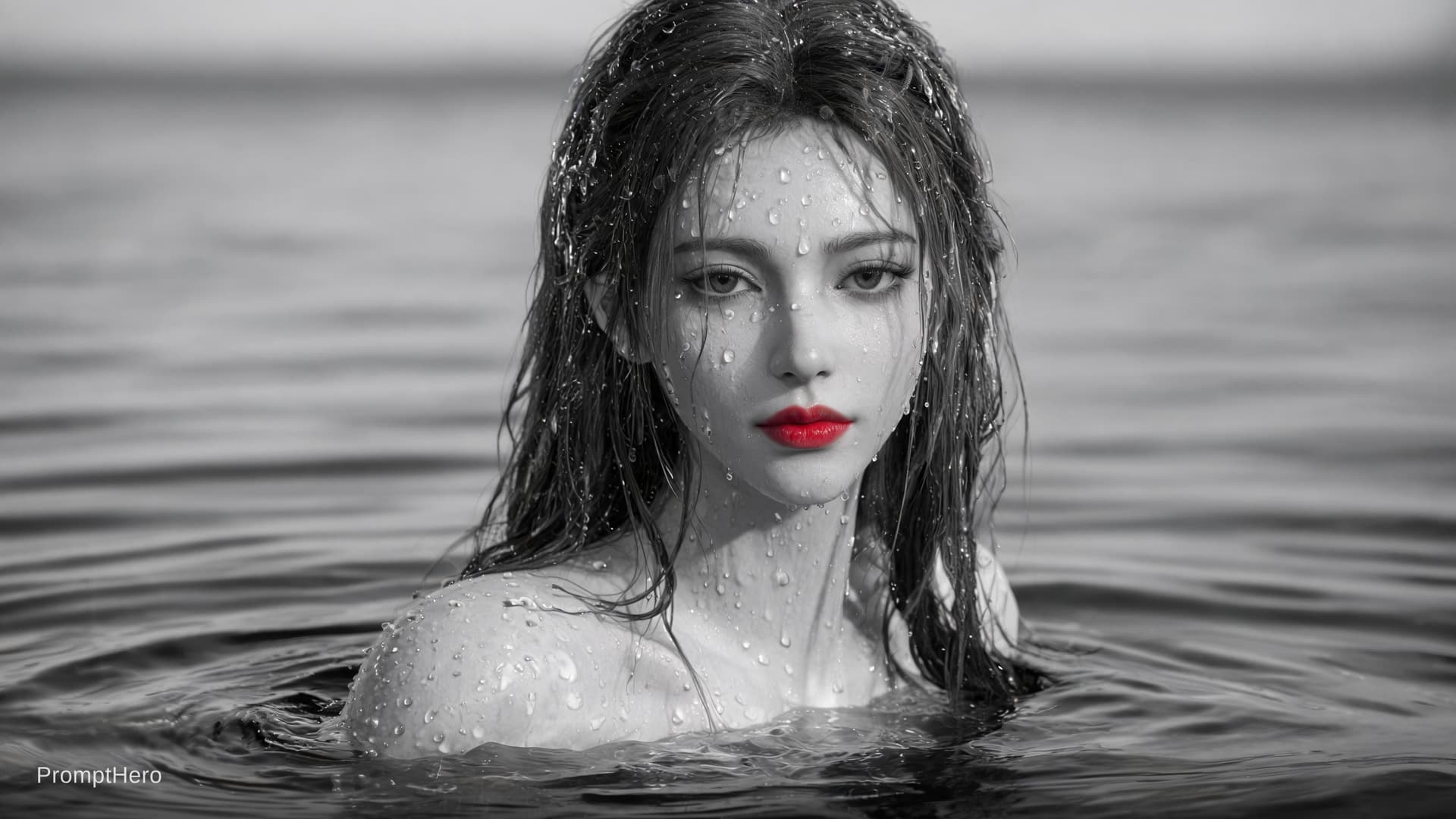 AI generated: photo of a woman in the water, black and white with pops of color, frameless, freya, droplets, magaz...
