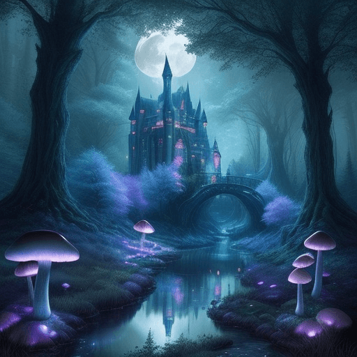 AI generated: Create a fantasy landscape featuring a mystical forest with glowing mushrooms and towering ancient t...