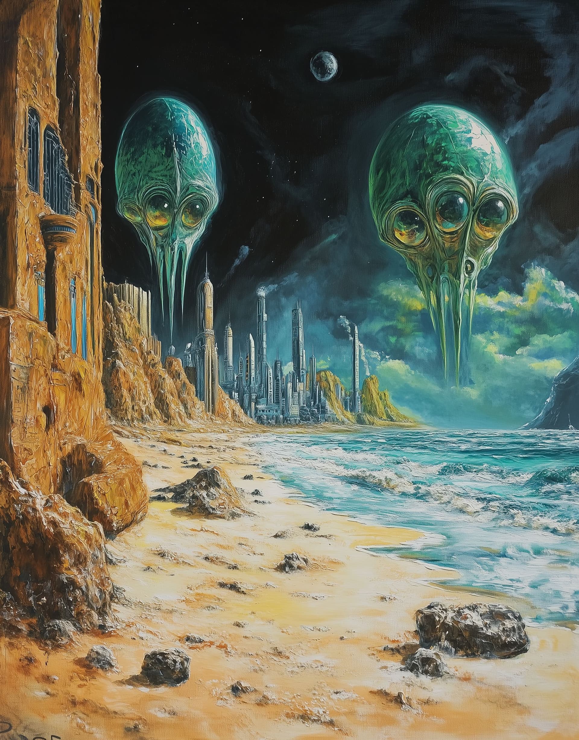AI generated: Oil painting of aliens on the beach with an alien city in the background, in the style of Roger Dean...