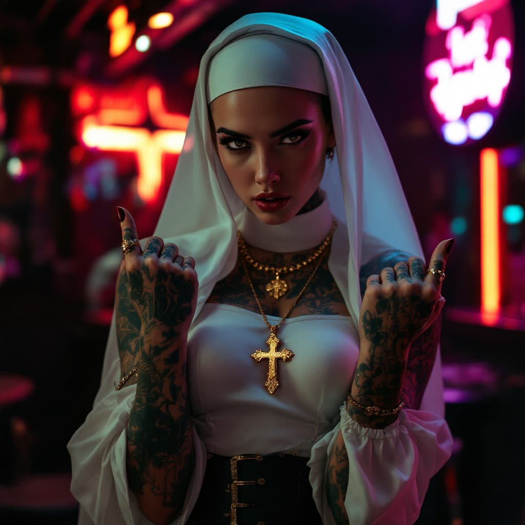 AI generated: Full body shot of a young beautiful tattooed nun with a modern twist. She wears traditional nun atti...