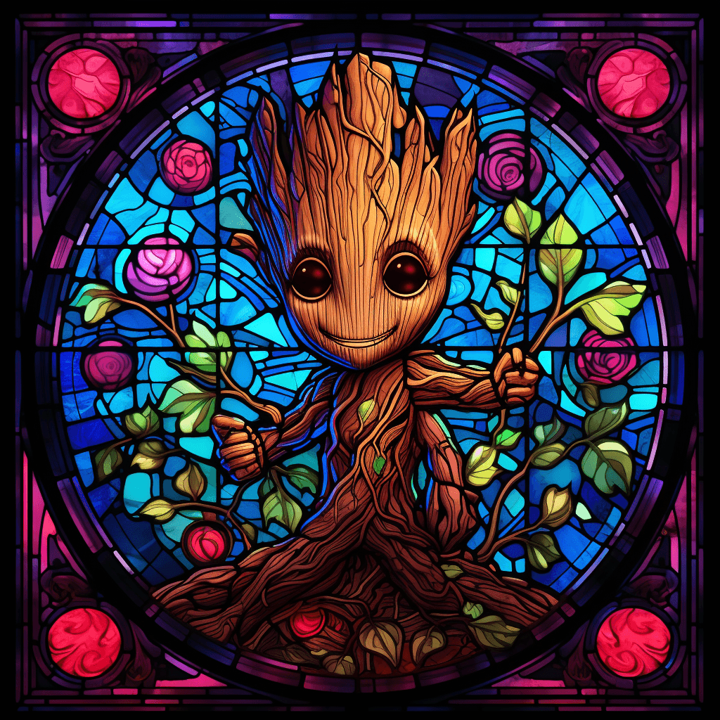 AI generated: stained glass window of baby groot, Intricate, Colorful, Glowing, Religious, Highly detailed, Gothic...