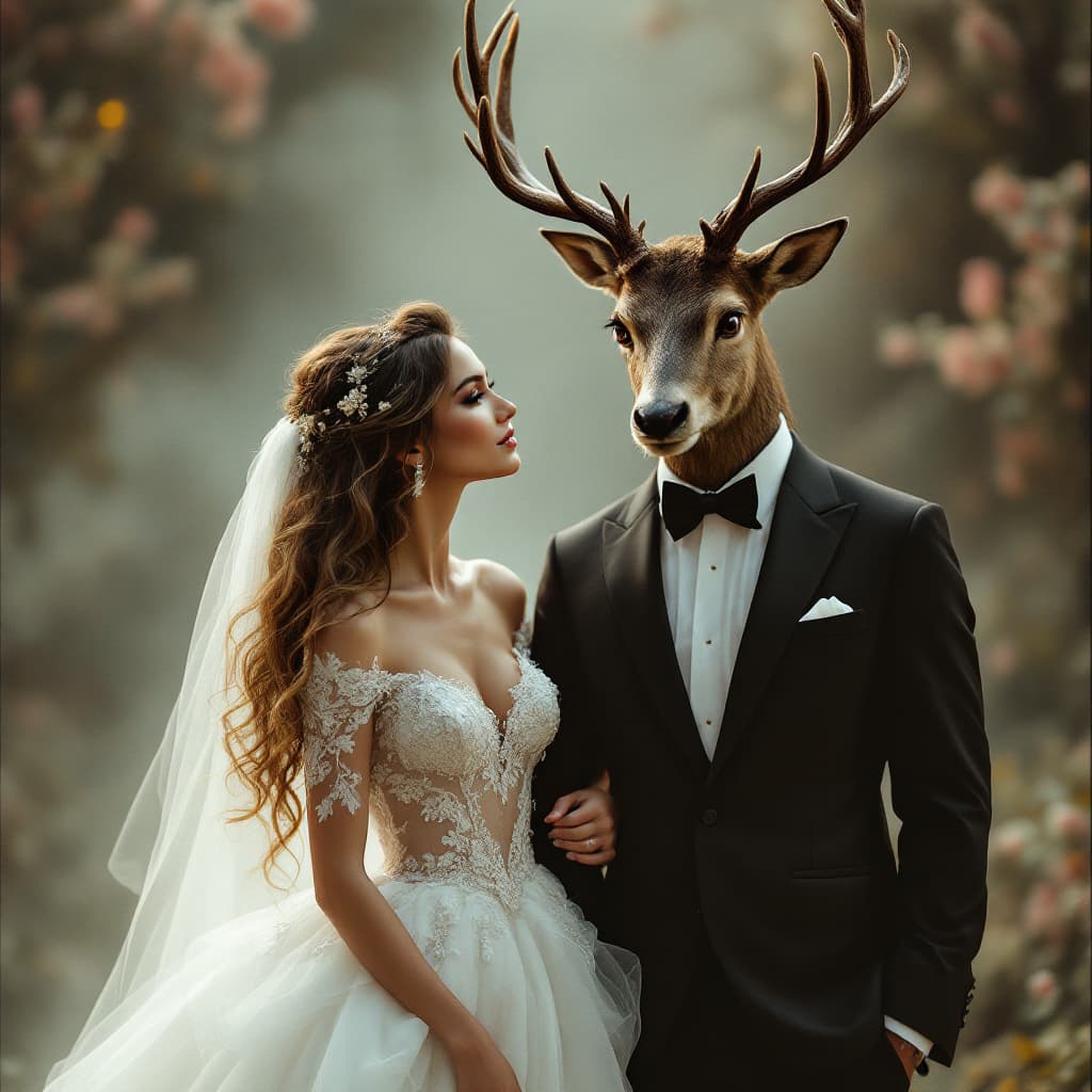 AI generated: A lavish wedding scene featuring a stunning bride in a floor-sweeping, ivory white wedding gown with...