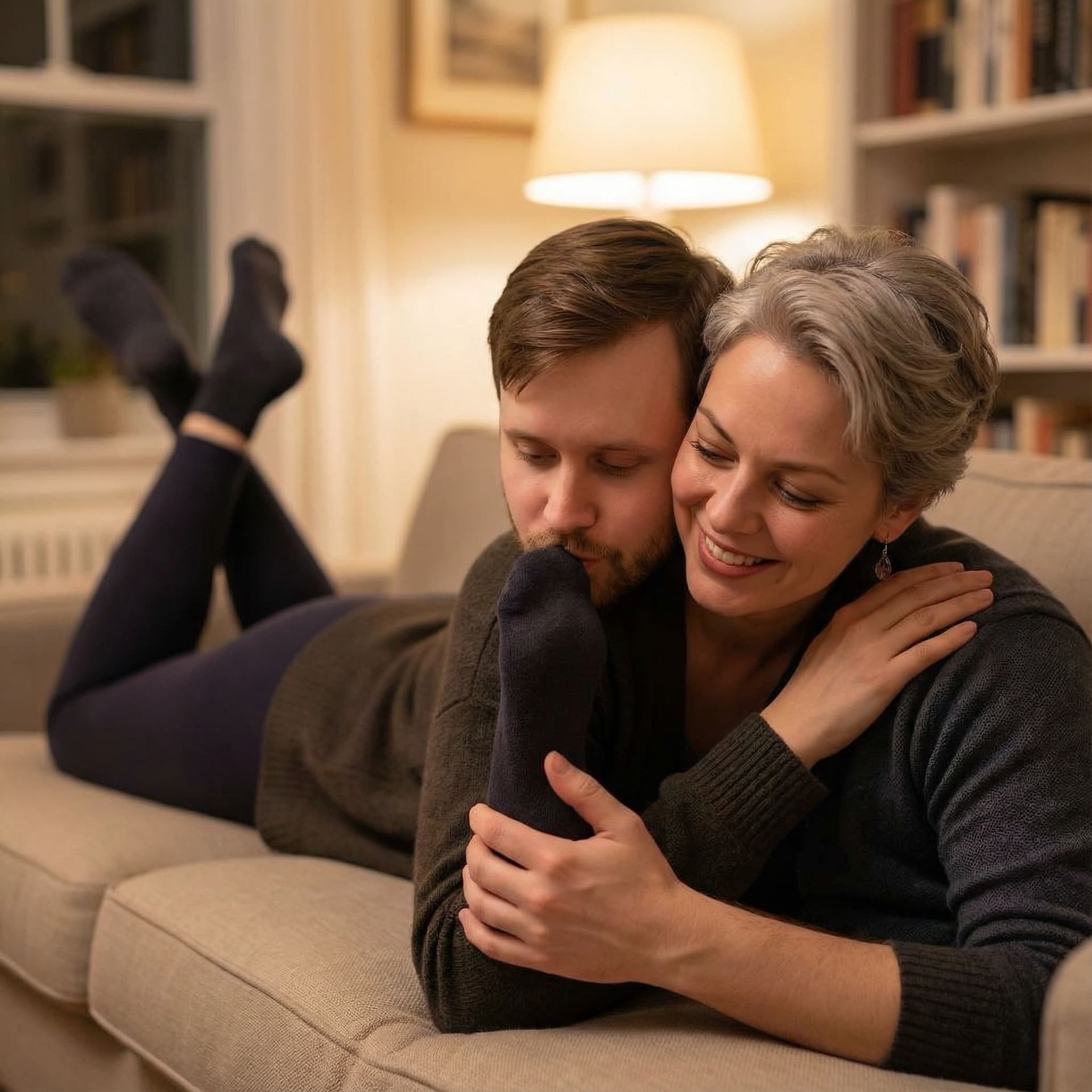 AI generated: A romantic, artistic scene of a couple young man gently kissing his stepmom foot — in soft lighting,...