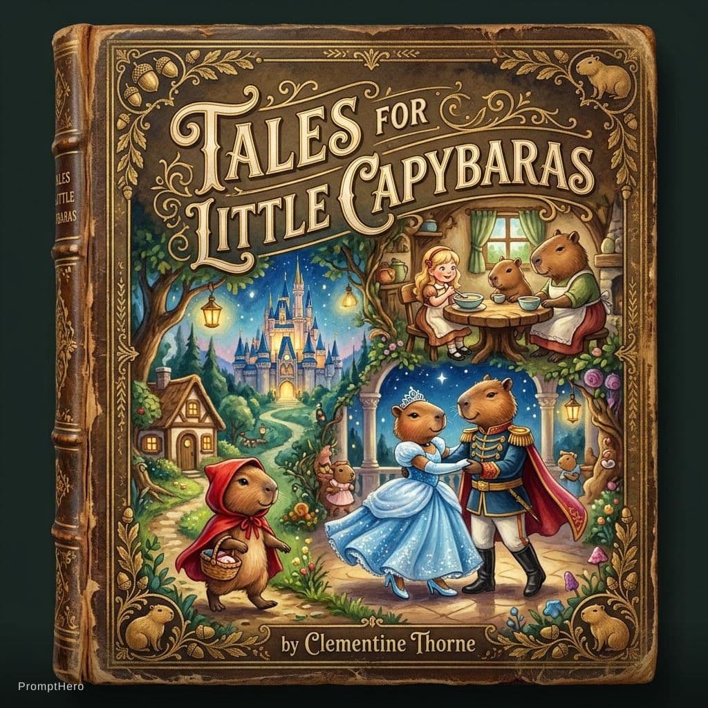 AI generated: Create a Fairy tale book cover in vintage style. The name of the book is "Tales for Little Capybaras...