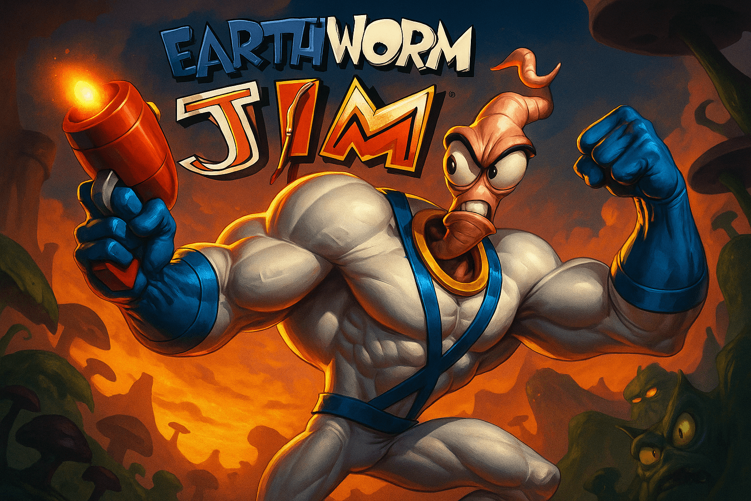 AI generated: A highly detailed, modern redesign of the classic video game cover "Earthworm Jim". The scene featur...
