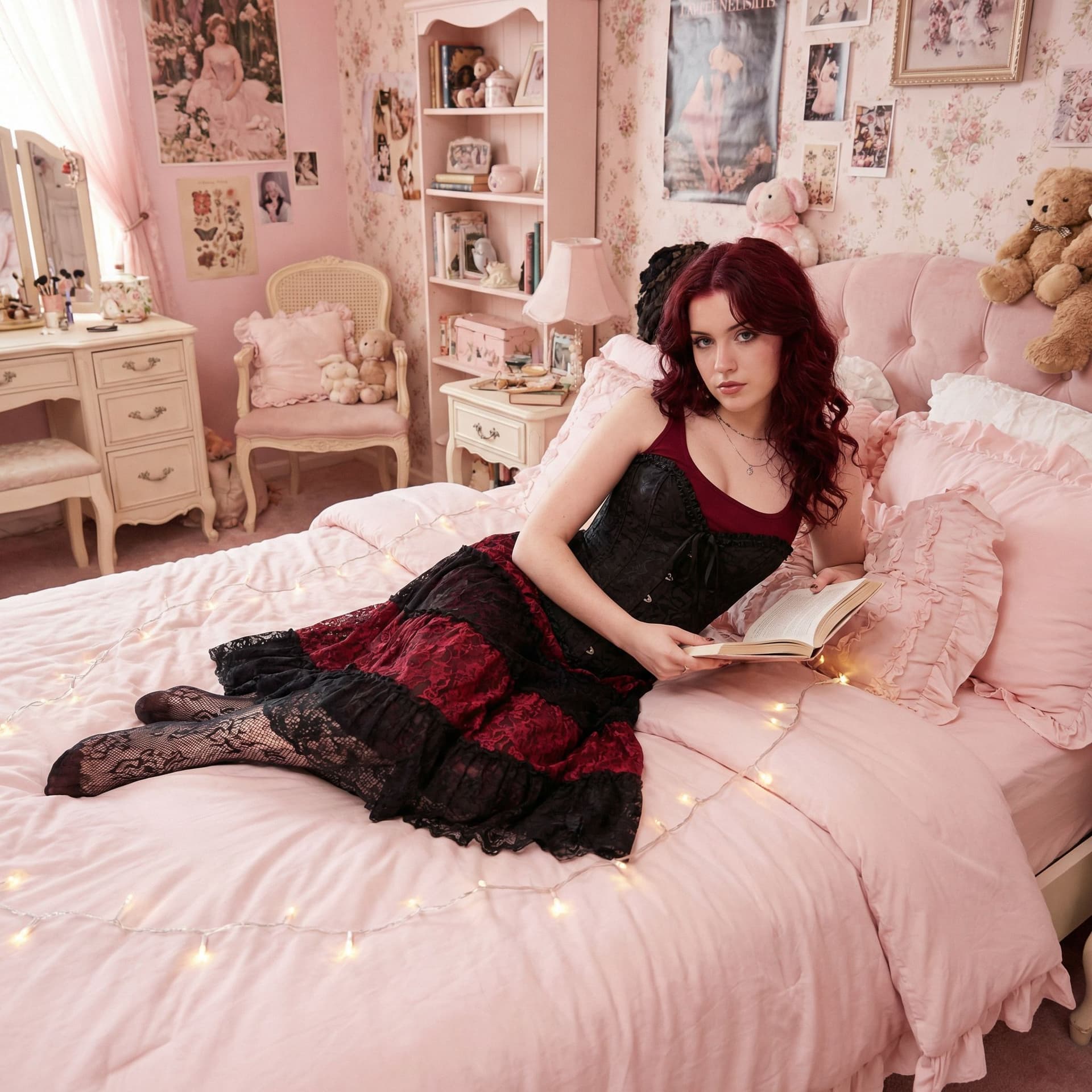 AI generated: A full body picture of Lolita Goth in a lace, red with black corset and red with black, lace underwe...