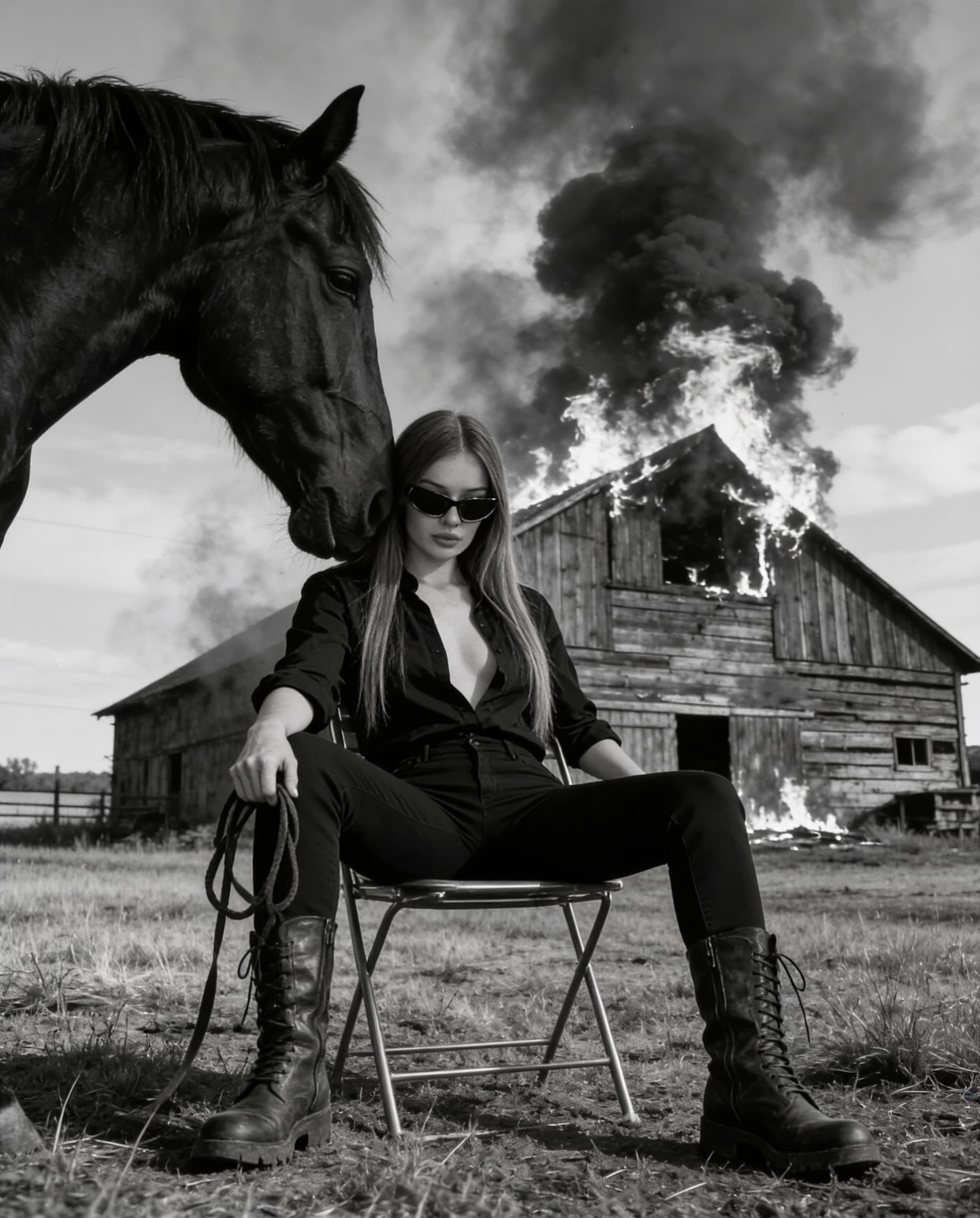AI generated: A cinematic black-and-white portrait of a stylish young woman sitting confidently on a metal chair i...