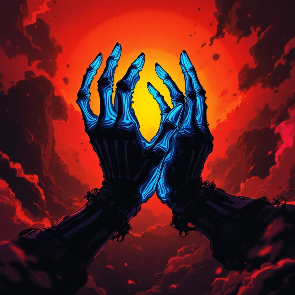 AI generated: blue bone hands tight together, anime, cyberpunk, style on black bacground,